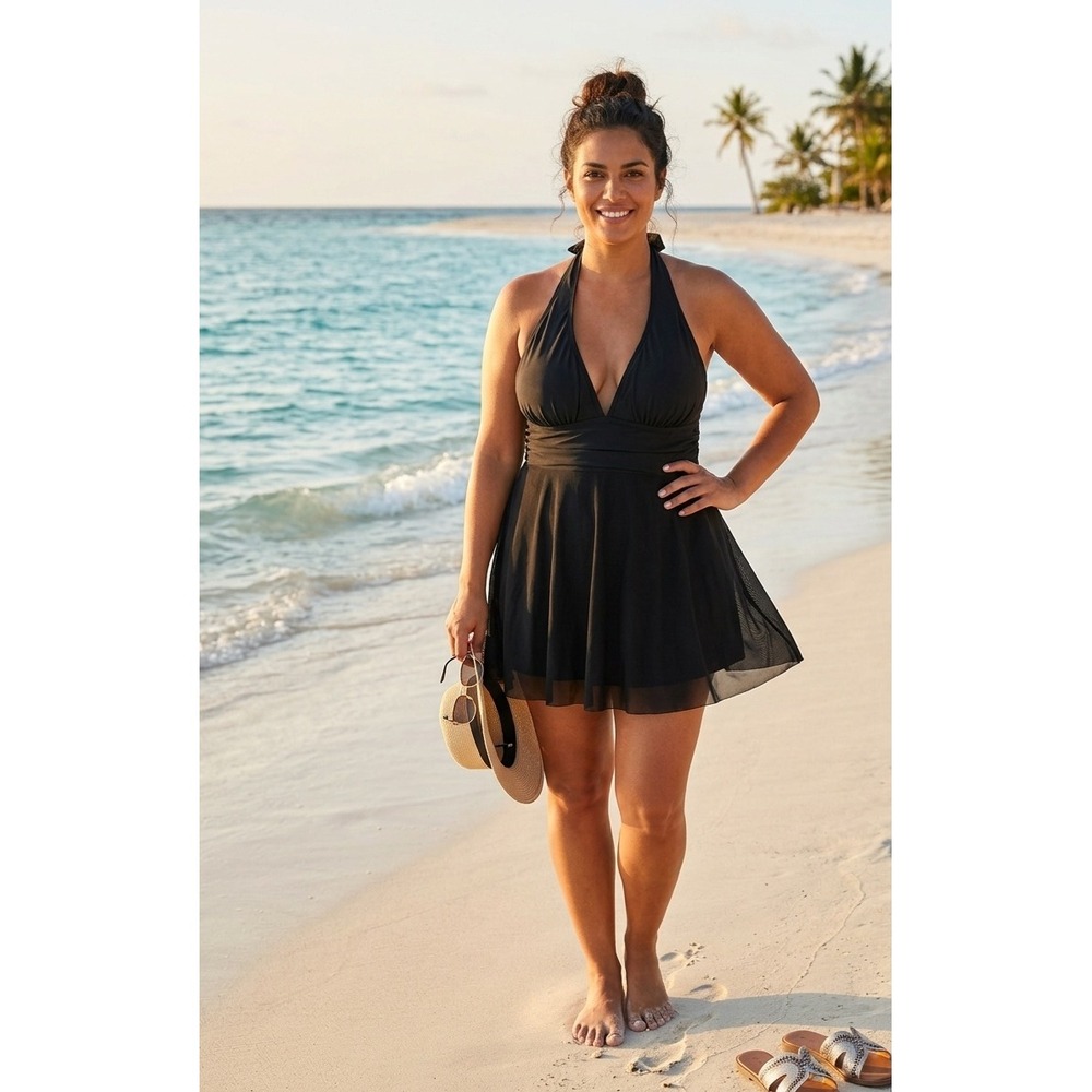 Cupshe Black Halter Tummy Control Mesh Swim Dress One Piece Swimsuit 1X NWT